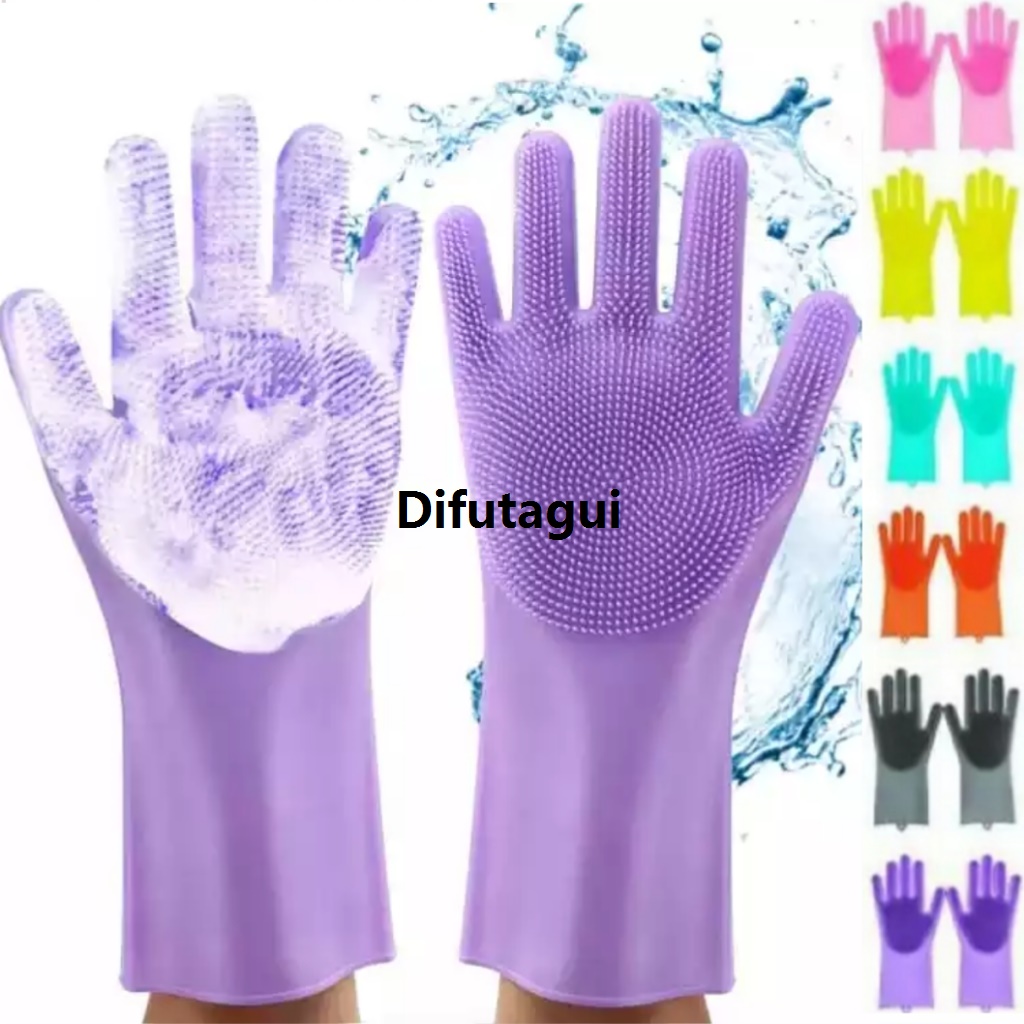 Difutagui New style 2PC Reusable Silicone Magic Washing Gloves with Scrubber| Dish washing Sponge Gloves Pair for Washing Dish, Kitchen, Profesional Bathroom Cleaning Brush, Pet Hair Care, Car and Bike| Multipurpose Household Kitchen Accessories Tools Gad