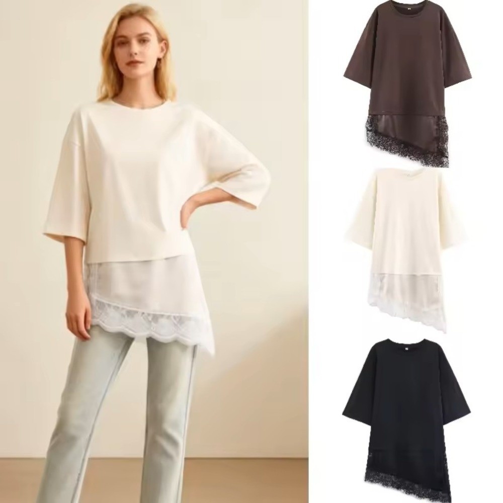 Fashion Elegant Lace Patchwork T-shirt Solid Color O-Neck Loose Tops Short Sleeve Casual Female Top Summer