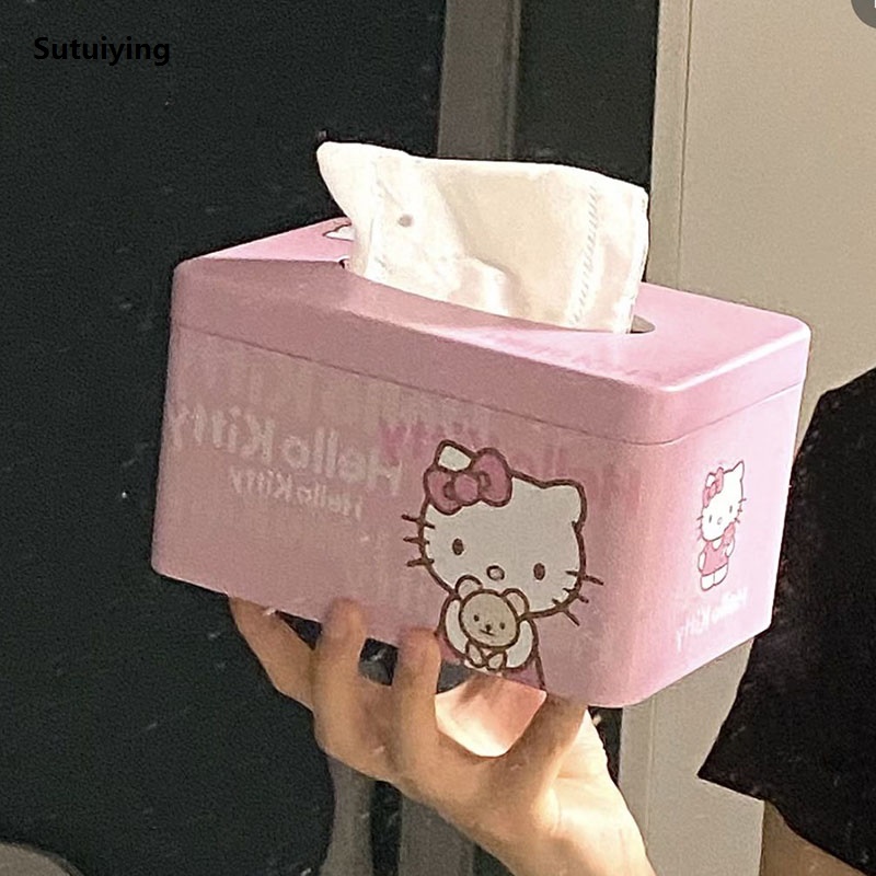 Sutuiying Kawaii Hello Kitty Cartoon Ins High-Looking Living Room and Bathroom Original Iron Tissue Box Gift for Girls Sanrio Anime Drawer Box Cute