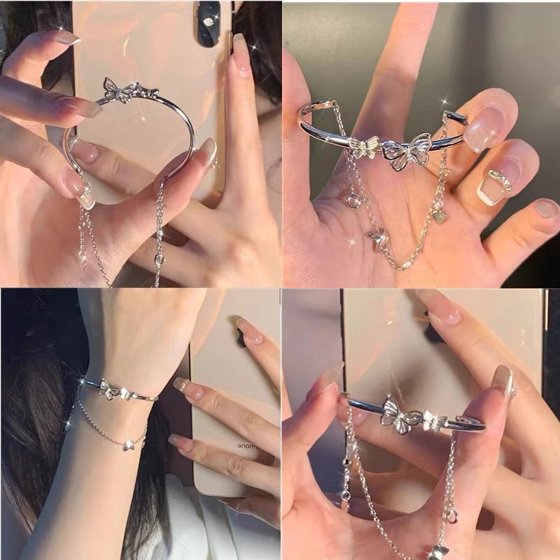 Silver Hollow Butterfly Bracelet for Women | 2-Layer Adjustable Stainless Steel Tassel Chain Bangle - 1 Piece