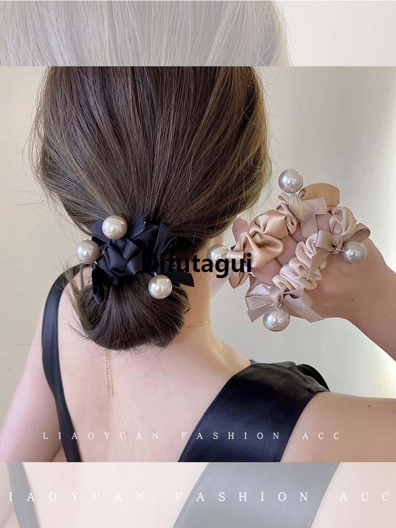Difutagui 1pcs Thin Scruchies for Hair Black Hairties 2025 New With Imitation Pearls for Girls and Women