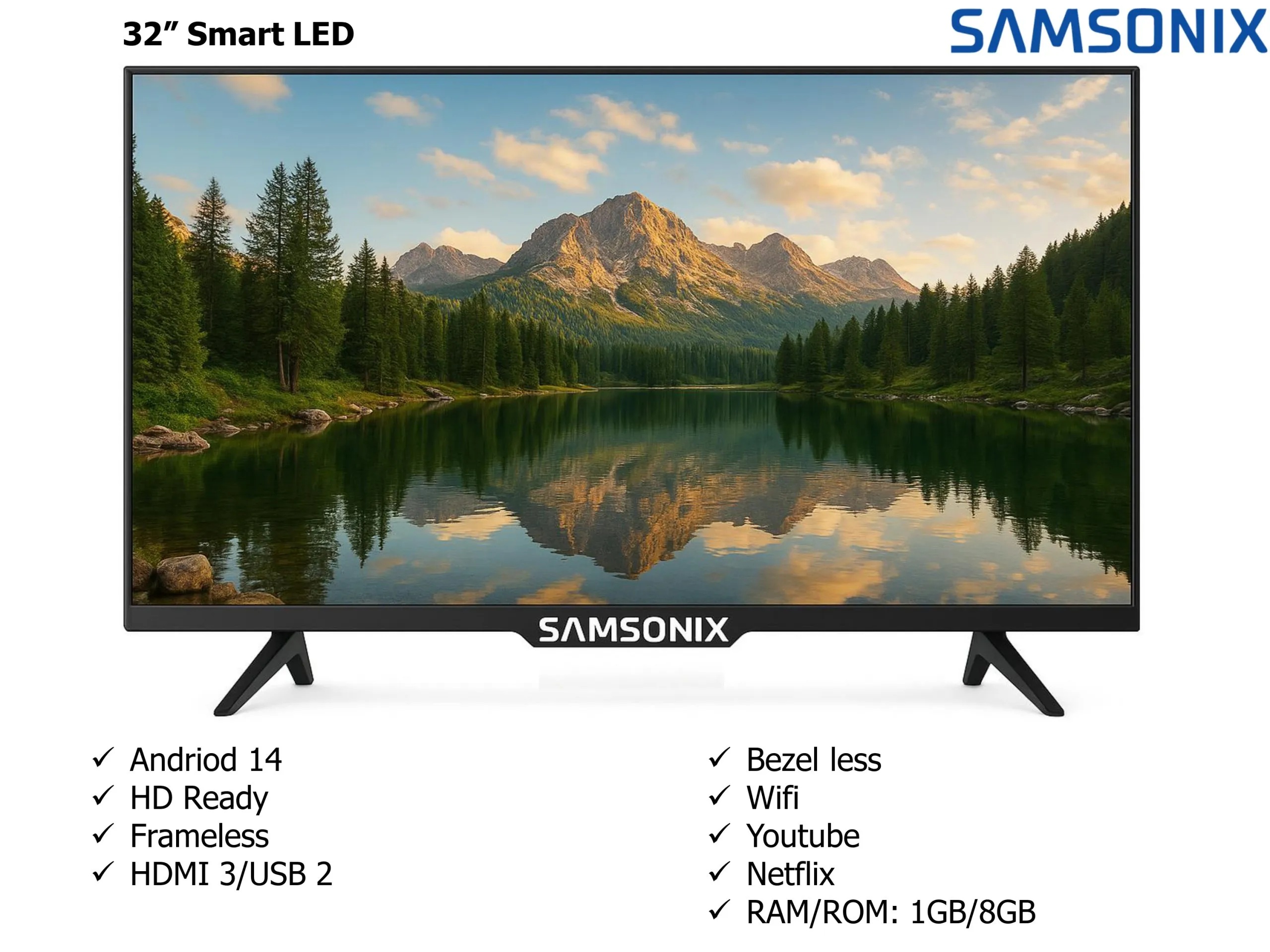Samsonix 43 Inch Google Android 14 HD Smart TV