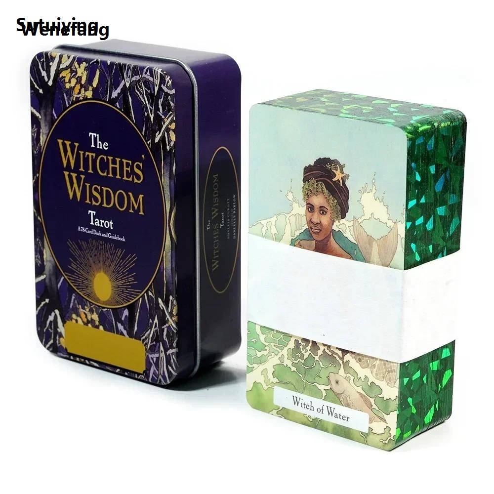 Wenefang Sutuiying 10.3*6cm The Witches’ Wisdom Tarot Deck In A Tin Box with Green High Quality Luxury Gilded Edges 78 Pcs Tarot Cards with Guidebook for Beginners