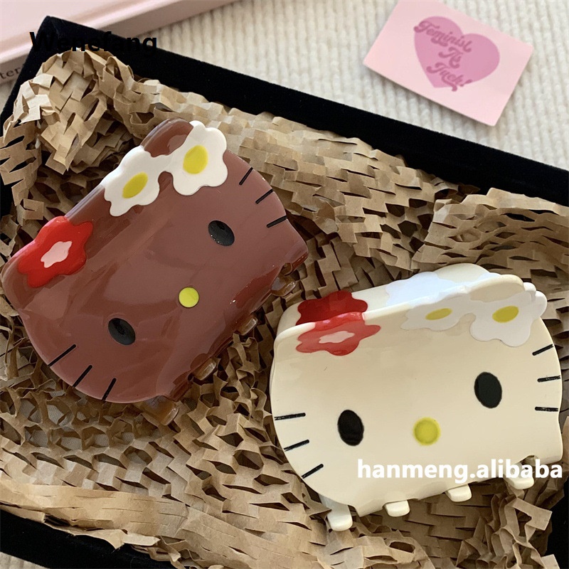 Wenefang Sanrio Hello Kitty Hair Clip Y2K Anime Black Leather Hello Kitty 2025 Hair Clip Cartoon Cute Girl Bun Hair Clip Hair Accessories Gift