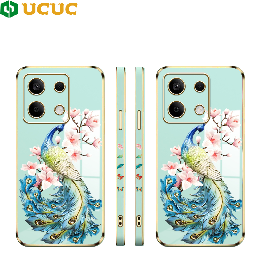 UCUC for Redmi Note 13 Pro+ Xiaomi Poco X6 5G Back Cover + Free Lanyard Elegant Flower Peacock Luxury 6D Plating Case Side Pattern Soft Silicone Square Phone Cases
