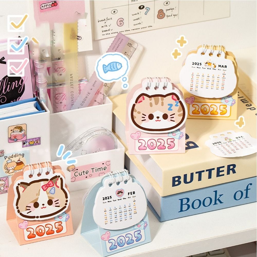 Portable 2025 Mini Desk Calendar Coil Planner Cartoon Cat Desktop Calendar To Do List Daily Organization 2025 Coil Calendar Home