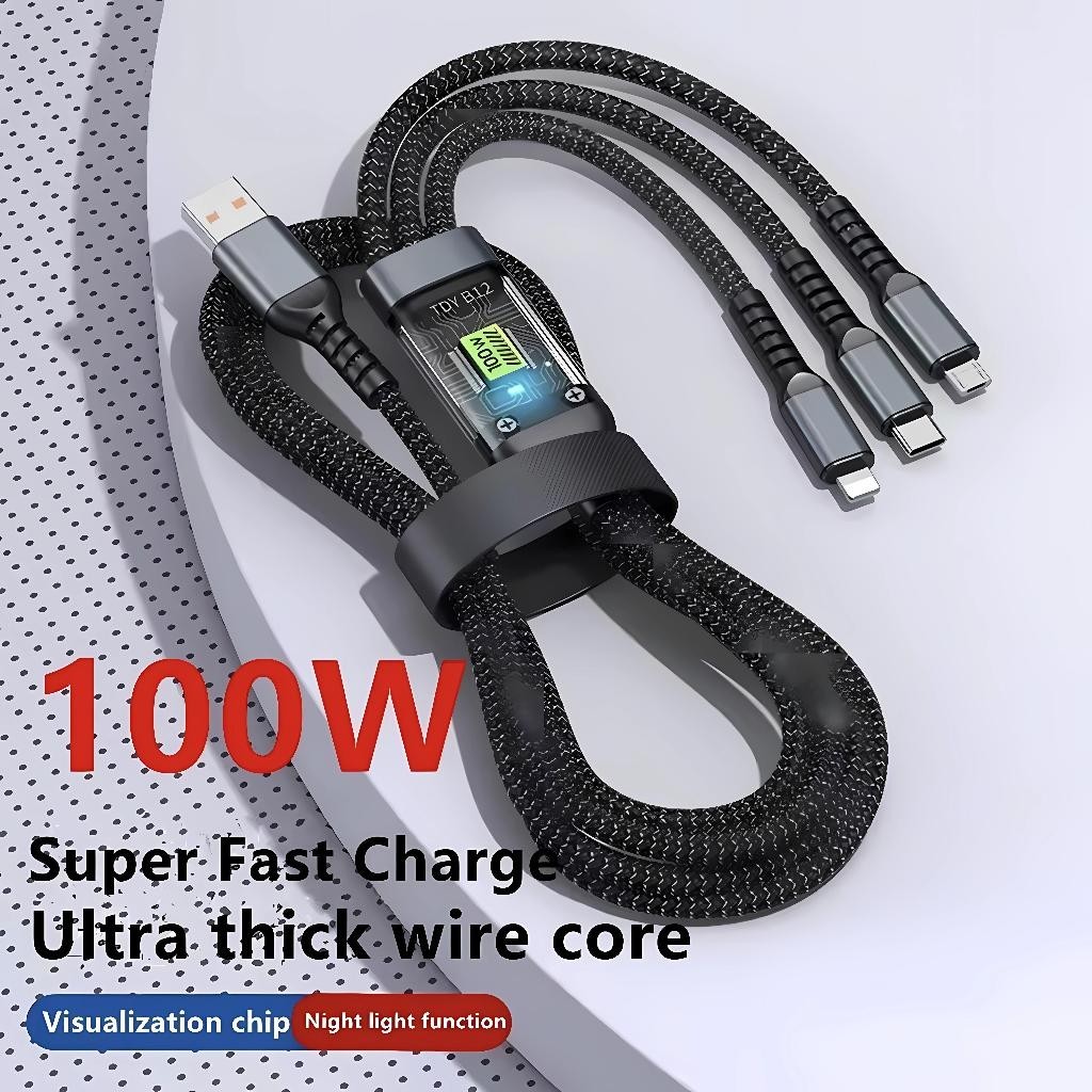 100W Transparent Luminous 3-in-1 Super Fast Charging Cable, USB Cable Fast Charging