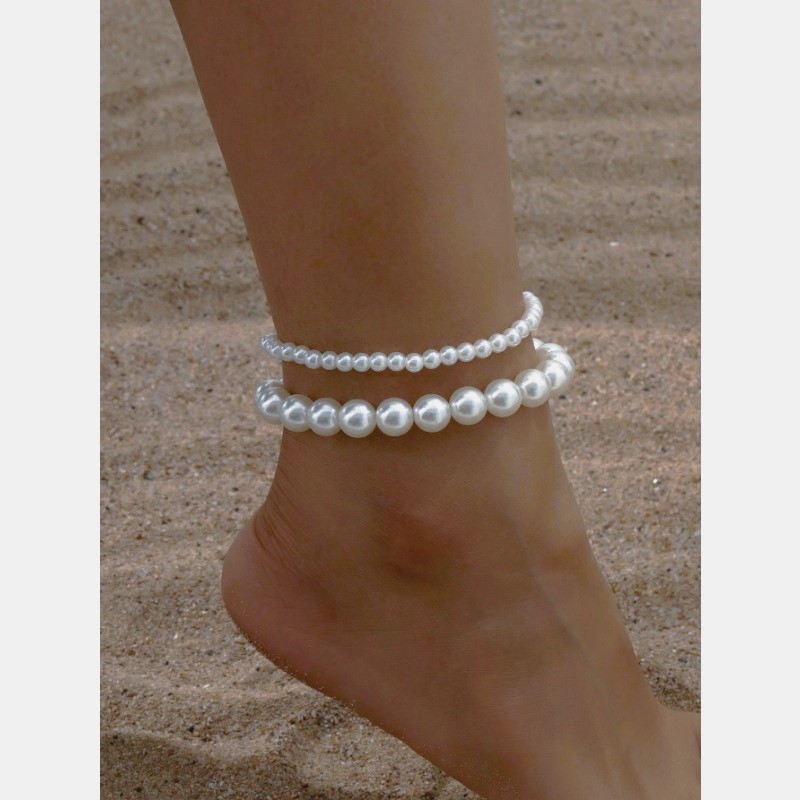 Set of 2 Stylish Simple Cream White Beads Anklet for Women by Treasure Box Nepal