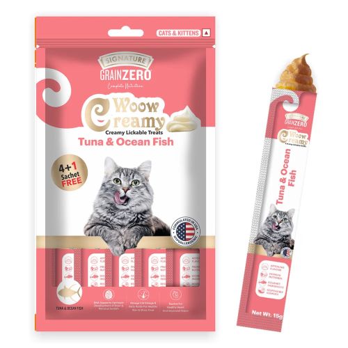 (BUY 2 GET 1 FREE) Signature Grain Zero Woow Creamy Tuna & Ocean Fish Lickable Treats For Cat & Kitten - 75gm (Pack Of 5 Sachet) By HAMROPETS