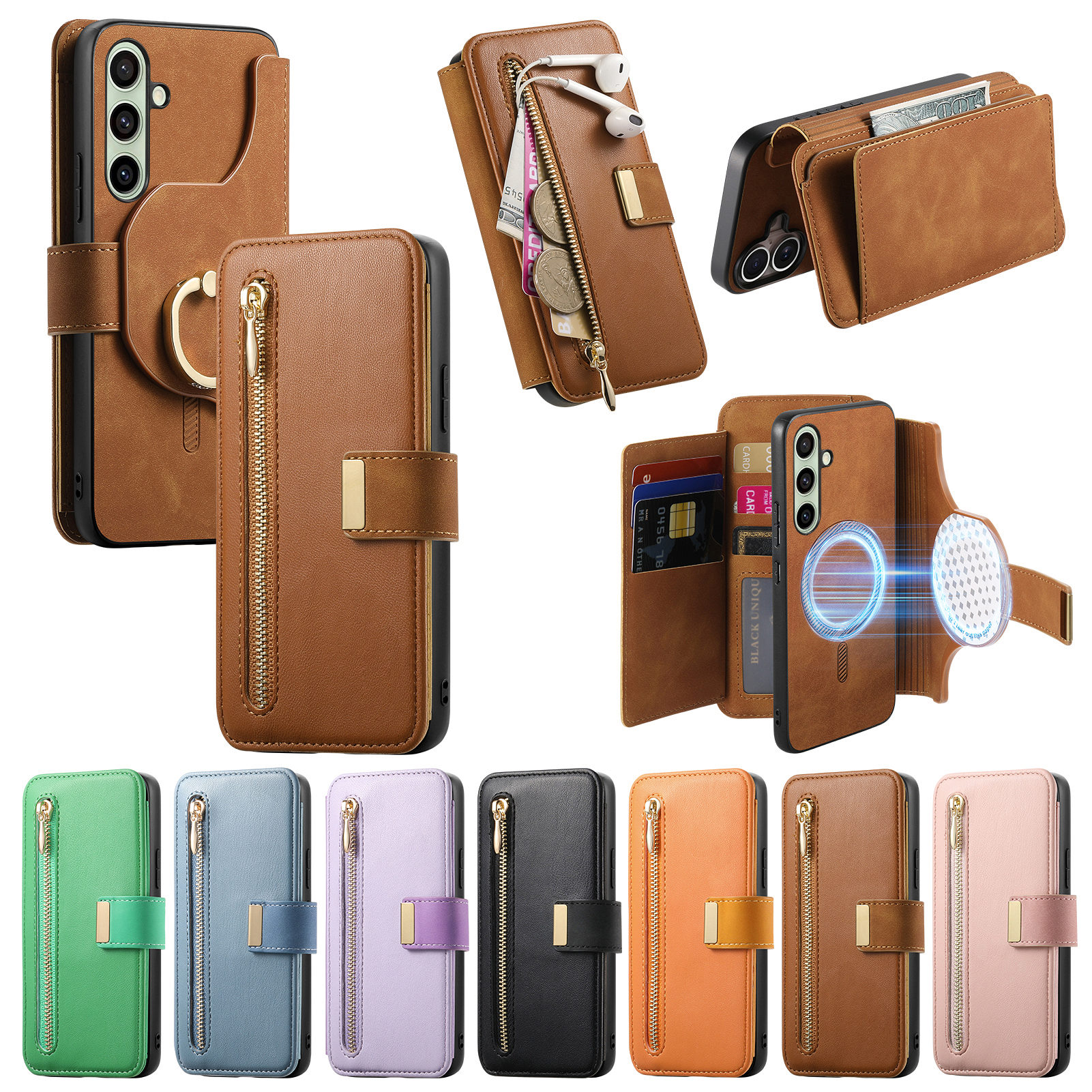 HODON Luxury Skin Feel Leather Magnetic Phone Case For Samsung Galaxy S26 S25 S24 S23 Ultra Plus S23 FE S24 FE A15 A34 A35 A54 A55 Cases Card Zipper Wallet Holder Removable Back Cover