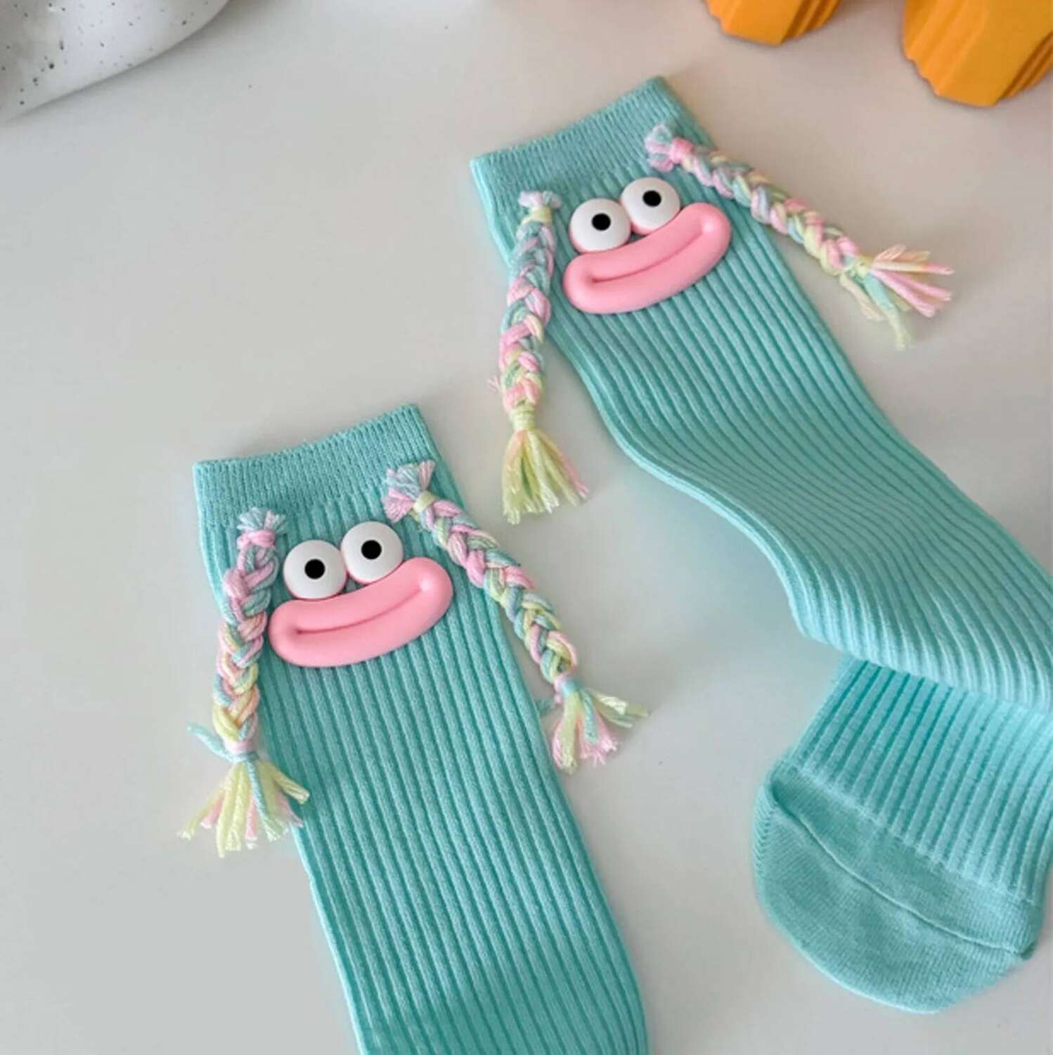 1pc GirlS With Colorful Big Mouth Braids, Long Socks, Cute Mid Length Funny Socks 여성양말 Gift