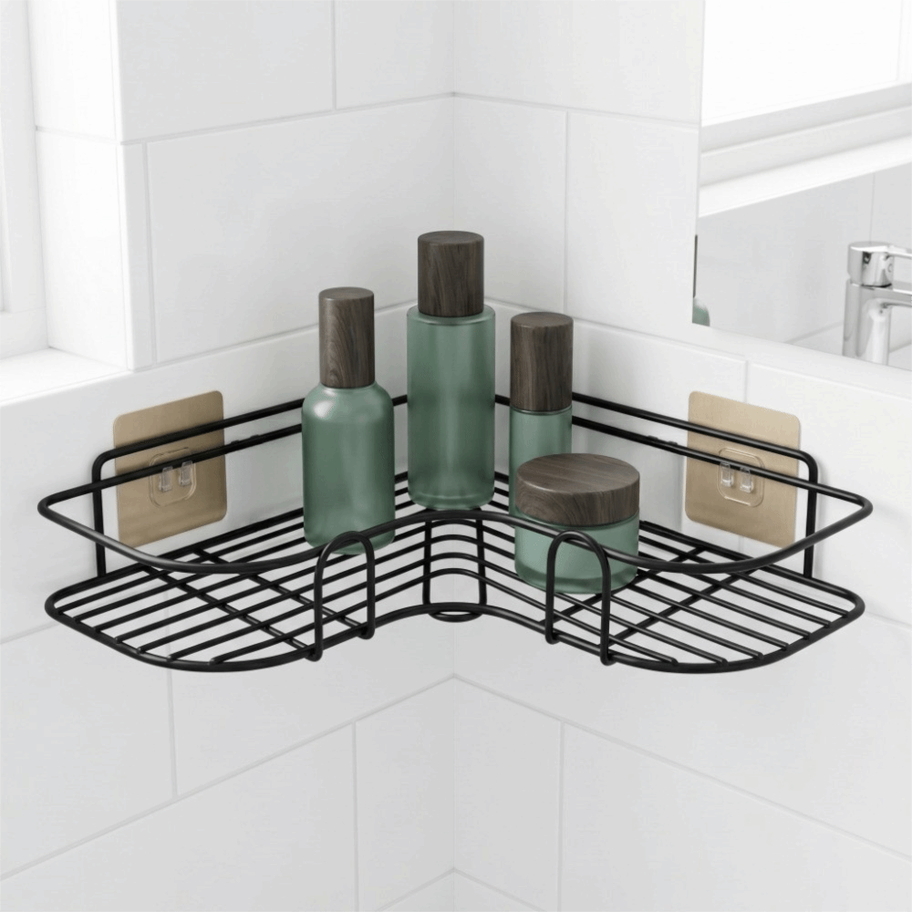 Practical Iron Corner Storage Shelf Black Wall Mounted Corner Organizing Stand Durable No Drilling Corner Shower Shelf Bathroom Kitchen Bedroom Living room