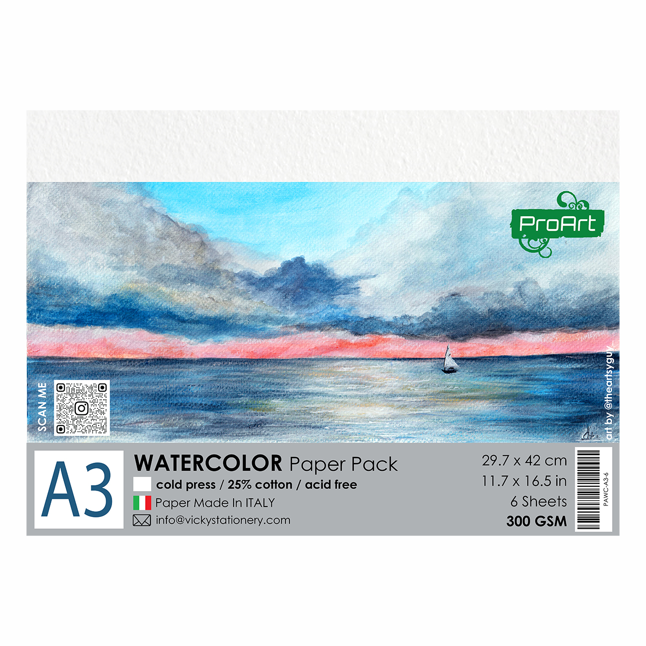 ProArt Watercolor Paper A3 300GSM, 25% Cotton Pack Of 6 Sheets