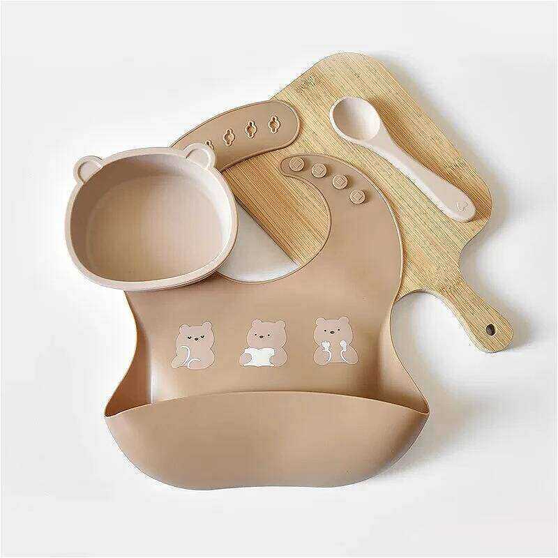 3PCS Tray Bib Waterproof Soft Adjustable Bibs Baby Meal Silicone Set Childrens Feeding Training Cutlery