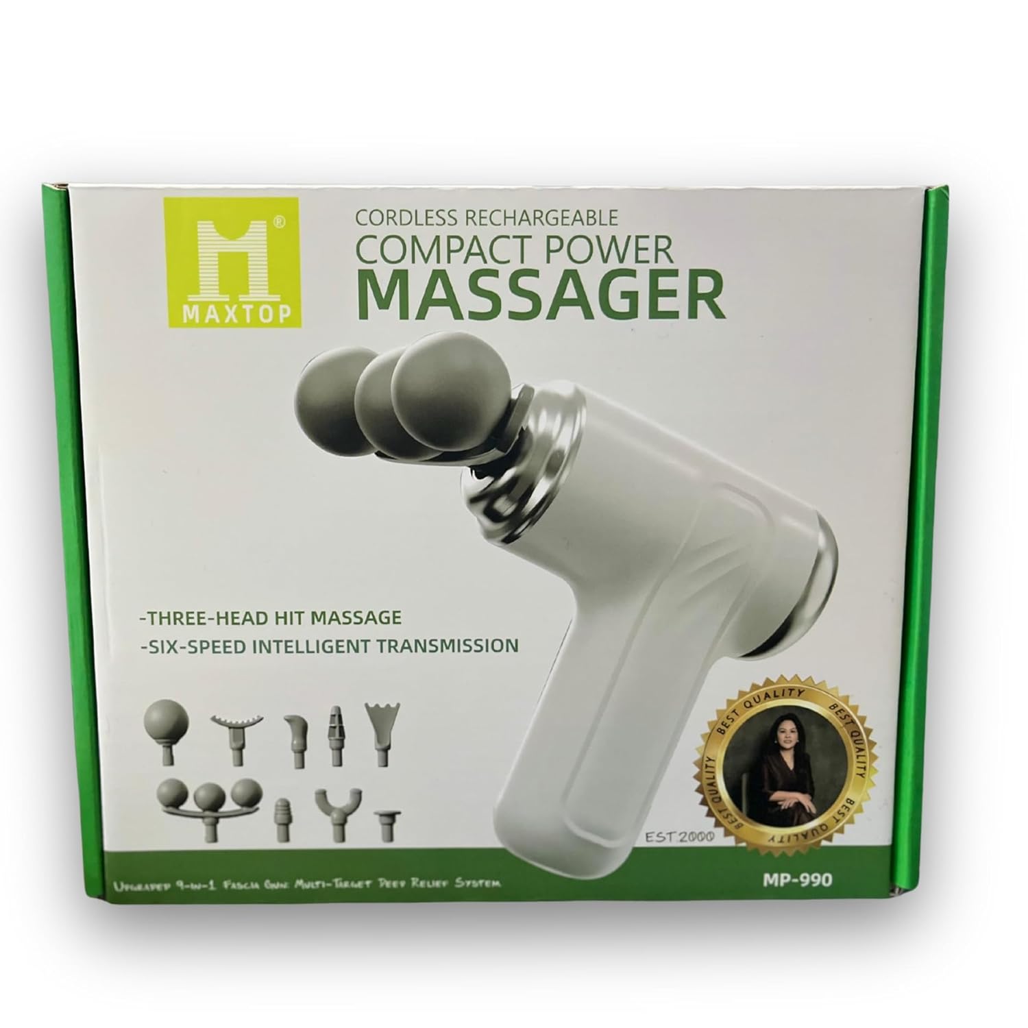 MAXTOP MP-990 Cordless Rechargeable Compact Power Massager | 3-Head Deep Tissue Electric Body Massager | 6-Speed Intelligent Transmission Portable Muscle Relaxation Device