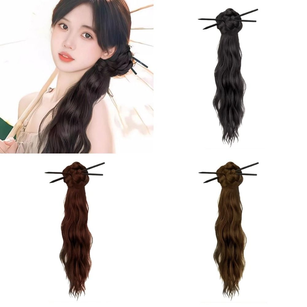 Hair Accessories Hair Stick Long Wavy Curly Ponytail New Chinese Style Ponytail Extension Flower Bun Head Wig Natural Hairpin Pony Tail Hairpiece Party