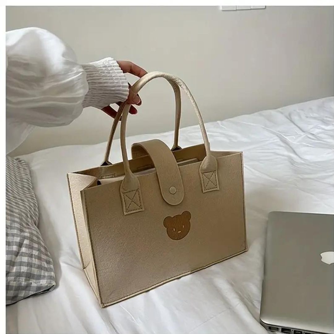 1 Piece Cute Bear Print Large Capacity Felt Tote Bag