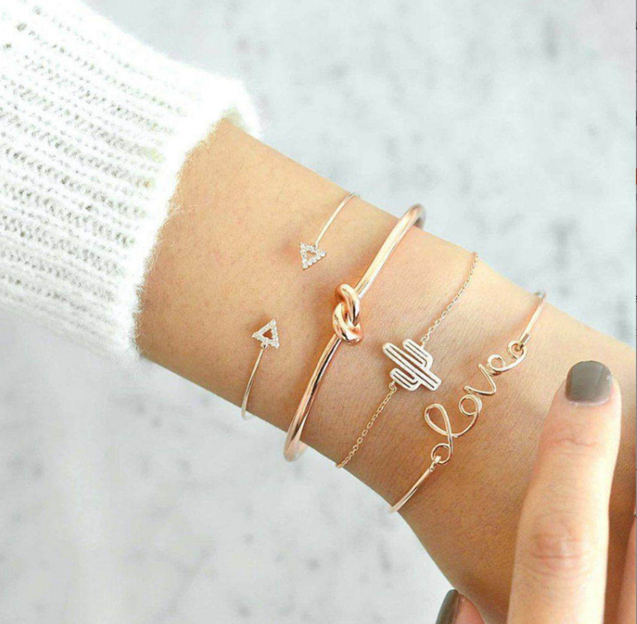 Pebbles Nepal | 4 Pcs Minimalist Gold Color Bangle Bracelet Set | Trendy Adjustable Cuff & Charm Chain | Korean Fashion Stacking Jewelry