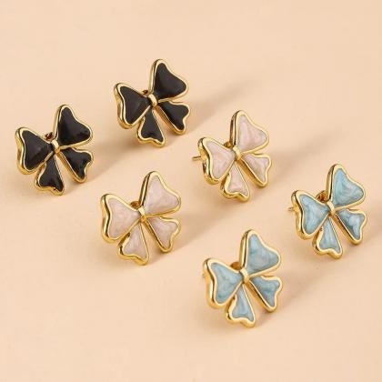 Premium Stainless Steel Cute Bow Shape Enamel Stud Earrings | Anti-Tarnish Gold Finish Fashion Earrings for Women & Teens