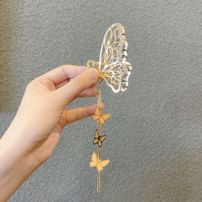 Pebbles Nepal Korean Geometric Trendy Claw Clip Golden Big Butterfly Tassel Hairclip for Women