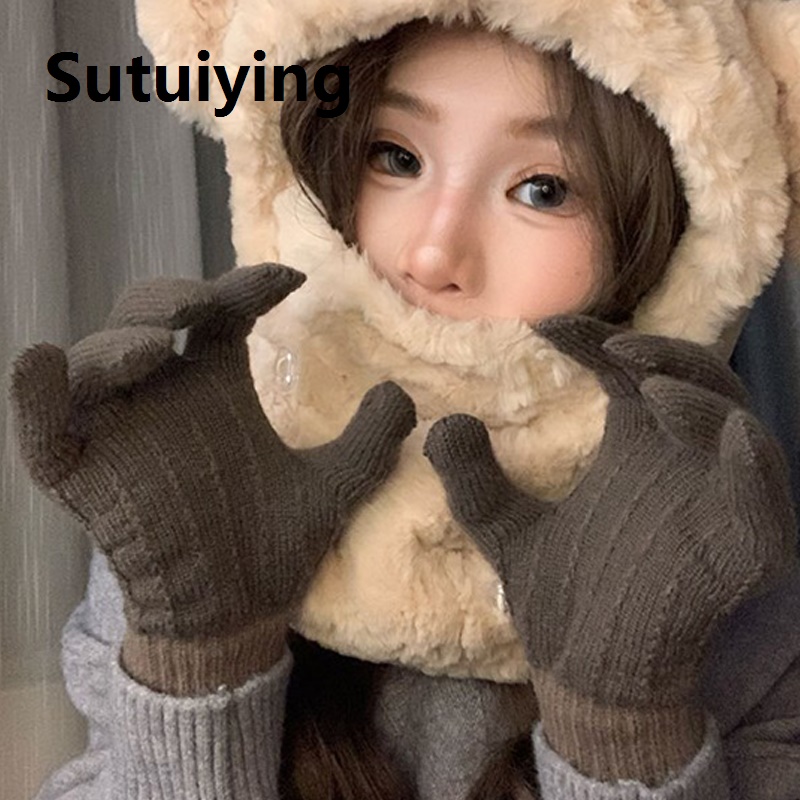 Sutuiying Knitted Women's Autumn And Winter Anti Slip Velvet Dual Color Jacquard Gloves