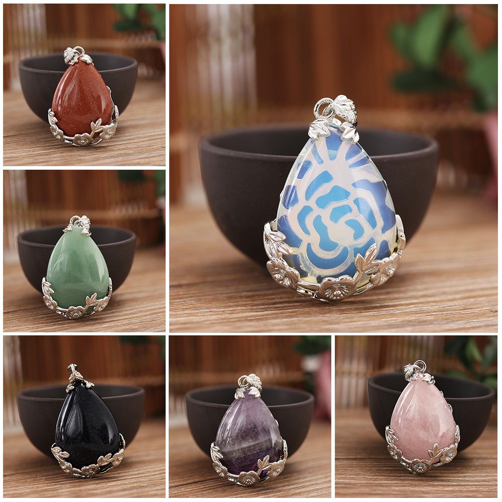 Vintage Water Drop Gemstone Inlaid Flower Crystal Stone Opal Turquoise Necklaces Pendants Amethyst Agate Natural Quartz
