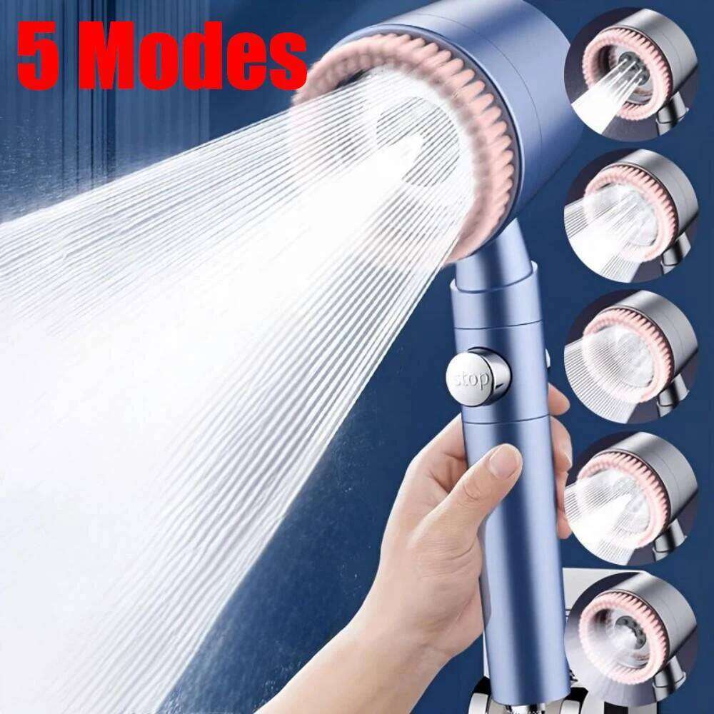 5 Function Bathroom Handheld Brushed Head with Stop Button Spa Filter Showerhead Easy Cleaning Shower Nozzle Sprayer