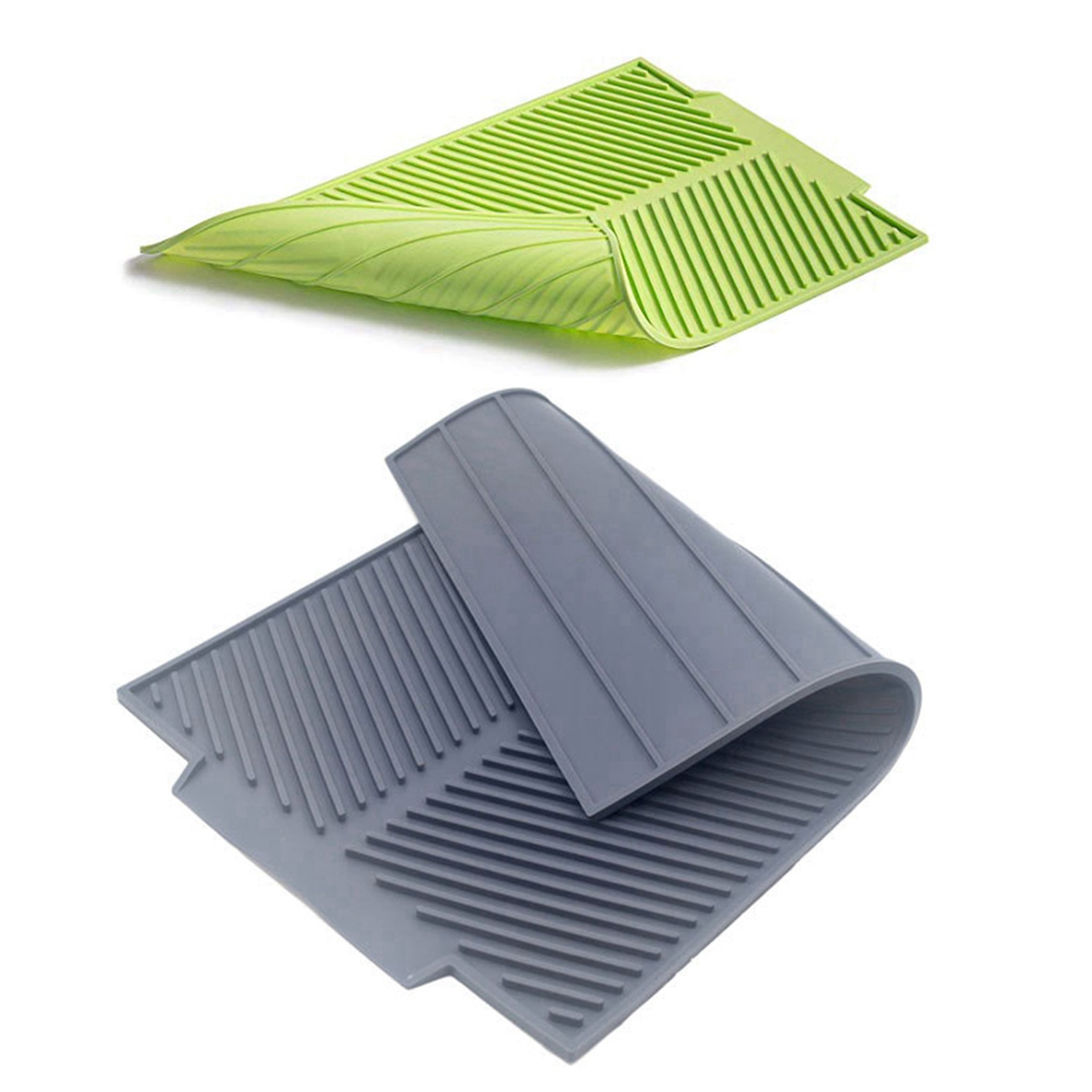 fasdaga 2x Silicone Dish Drying Mat Flume Folding Draining Mat,Rectangle Drain Mat Drying Dishes Pad Green & Gray