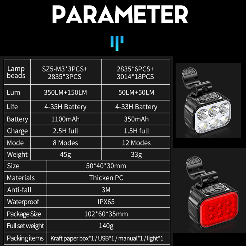 NEW Led Type-C Charging Bike Headlight Taillights Rechargeable Cycling Flashlight Portable Cycling Safety Lamp