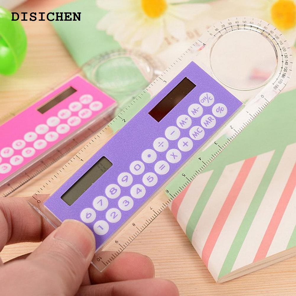 DISICHEN Portable Mini Solar Transparent Ruler Calculator with Magnifier Student School Supplies