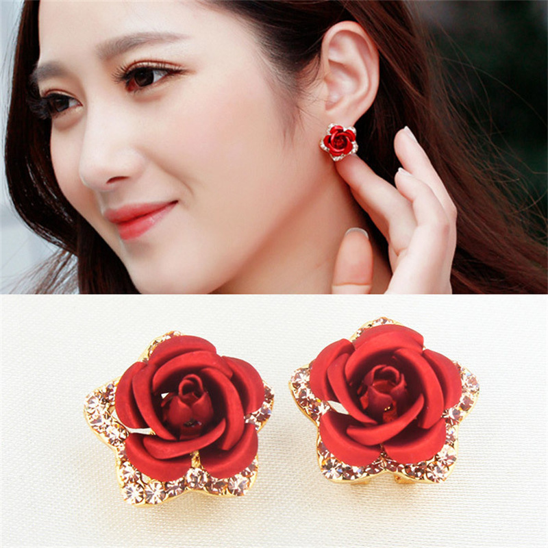 【Mega Sale】Bride Red Studs Women's Korean-style Cute Sweet Diamond Rose Fashion Elegant Ear Buckle Trendy