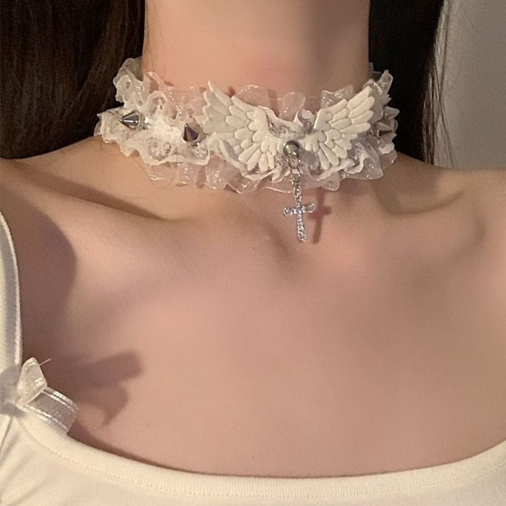 Ribbon Bow Solid Color Lace Choker Necklace Rhinestone Cross Lace Lolita Choker Heart Pendant Leather Necklace Gothic Jewelry Women Girls