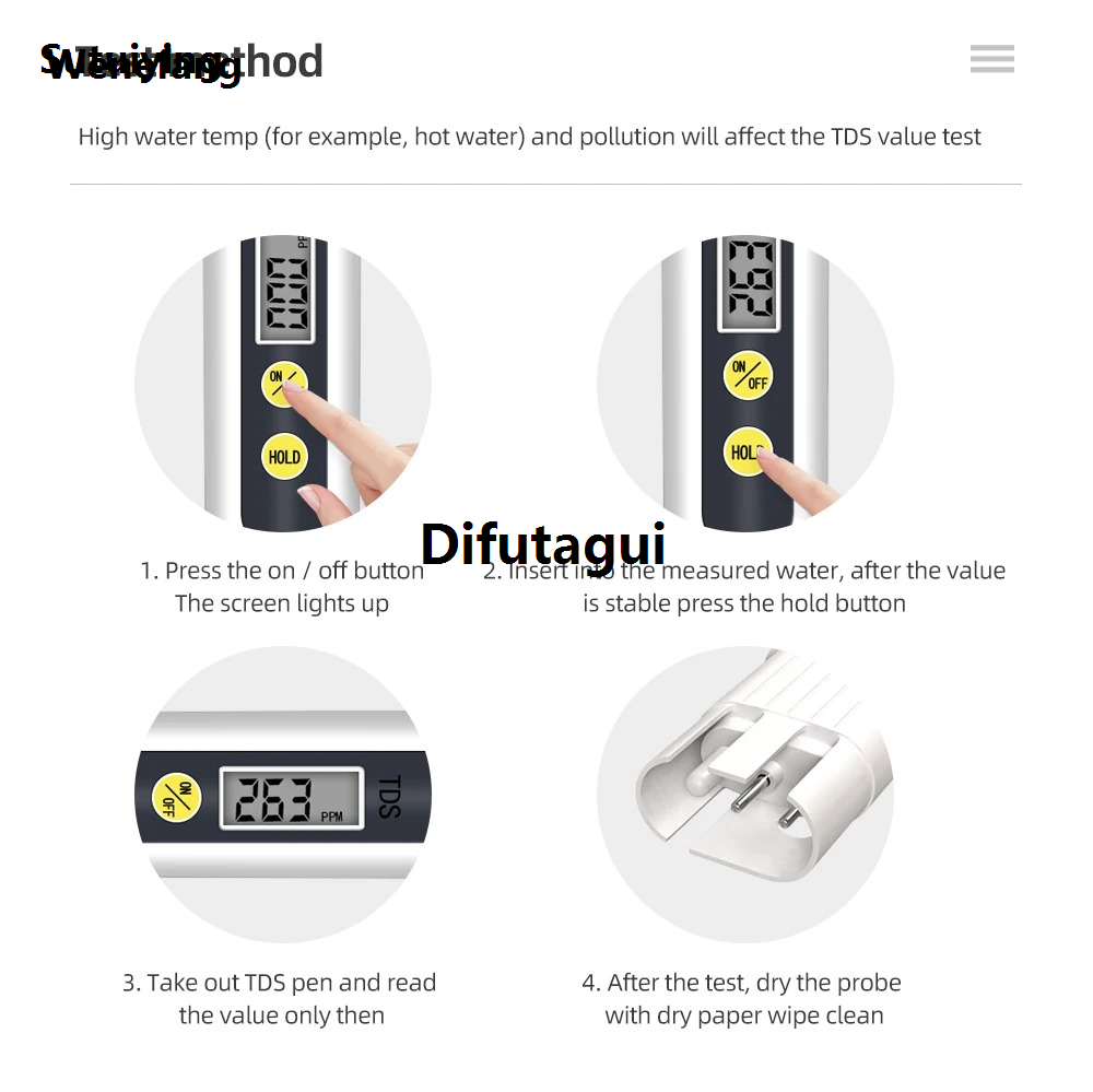 Difutagui Wenefang Sutuiying TDS Meter Digital Water Quality Tester Automatic Correction Original Profesional Original Portable Cute 0~990ppm Measurement Range for Aquariums