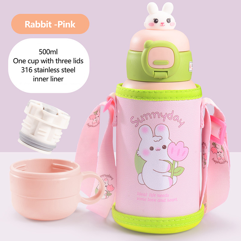 500ml Children's Thermos Mug 316 Stainless Steel Cartoon Cute Water Cup With Cup Set Double Lid CF8