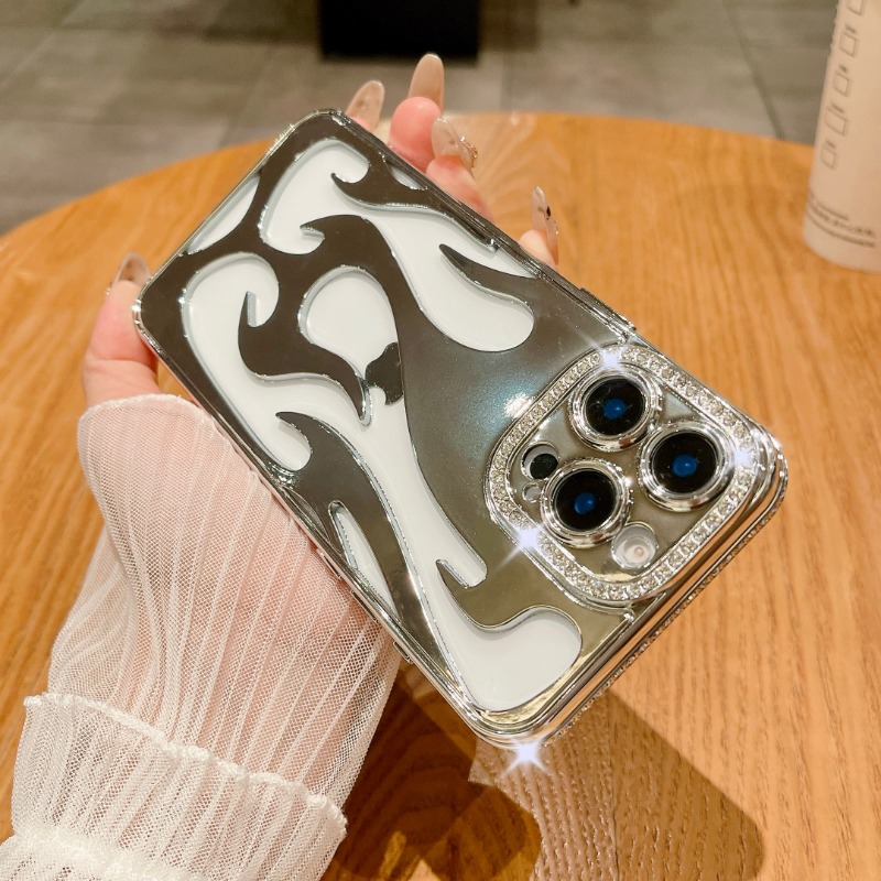 HODON Plating Hollowed 3D Flame Pattern Diamond Case For iPhone 16 15 14 Plus 13 12 11 Pro Max Cases Fashion Full Lens Protection Shockproof Cover