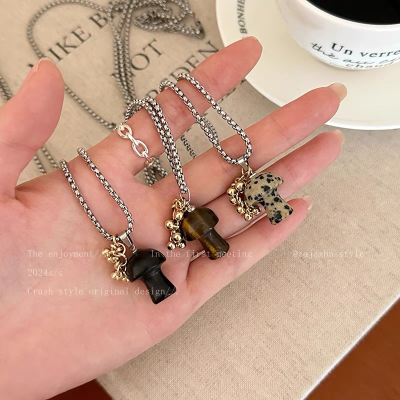 【New arrival】Titanium Steel Necklace Design Sense Rainbow Mushroom Natural Stone Necklace White Crystal Small Gold Beads Grape String Long Necklace Women