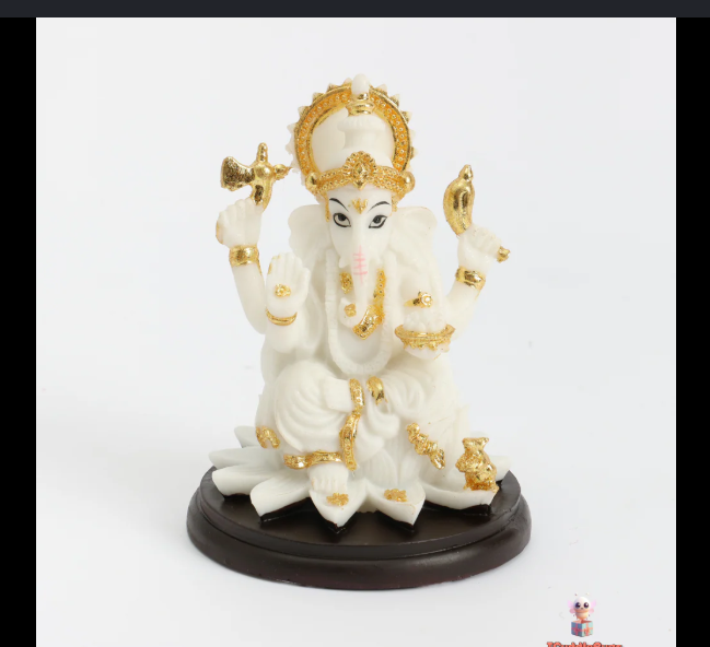 IS-A Share Divine Lord Ganesha White Marble Finish Statue Murti with Gold Accent - Symbol of Peace and Prosperity