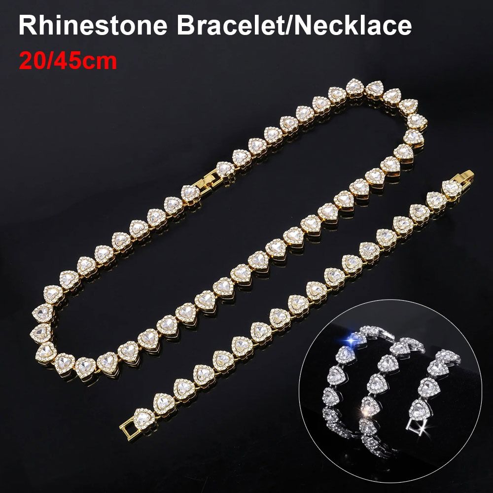 1Pcs New Heart-shaped Rhinestone Necklace Alloy Shiny Heart Chain Bracelet Fashion 20/45cm Rock Party Jewelry