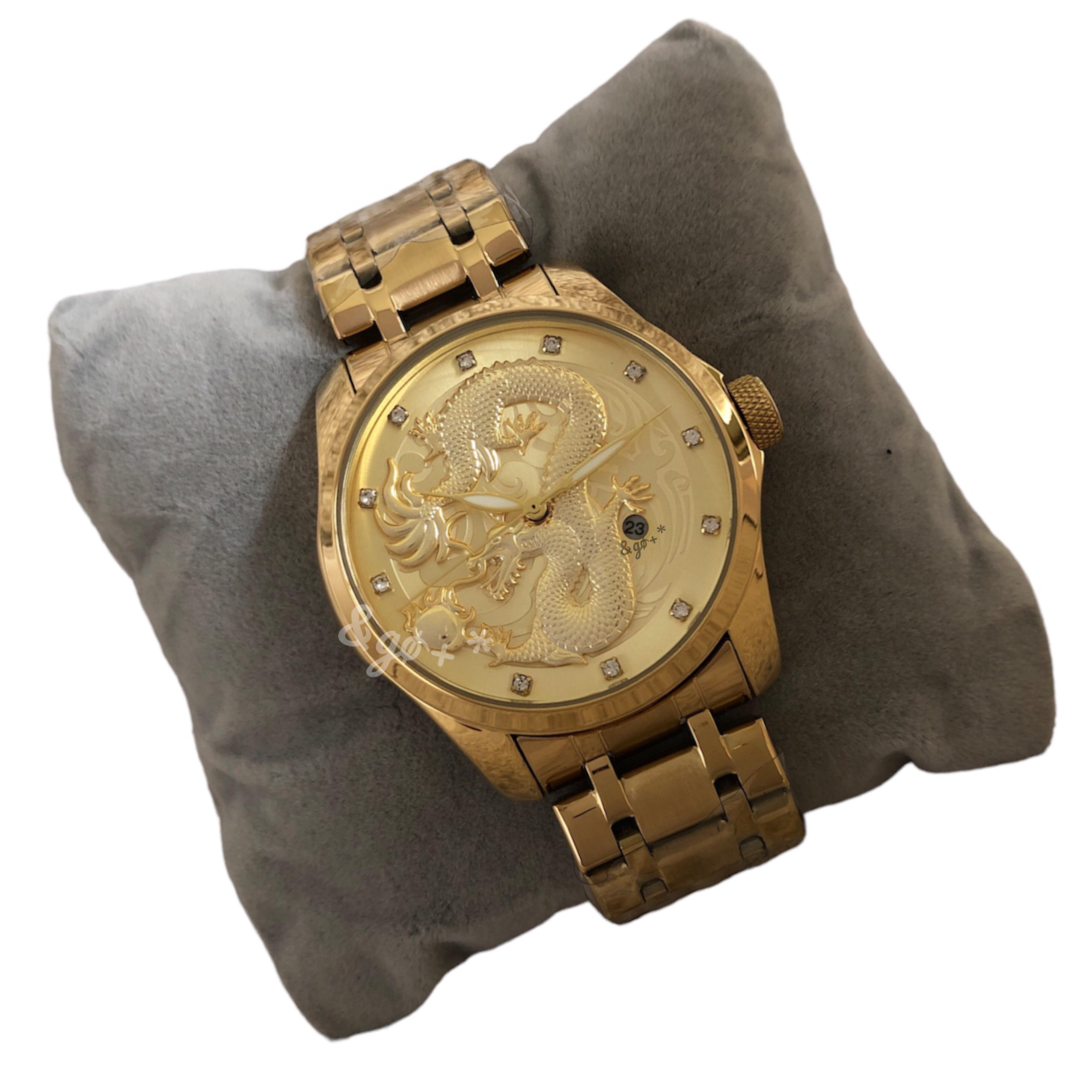 Dragon 3D Print Design Golden Date Round Fashion & Casual Japan Quartz Movement Stainless Steel Wrist Watch For Men