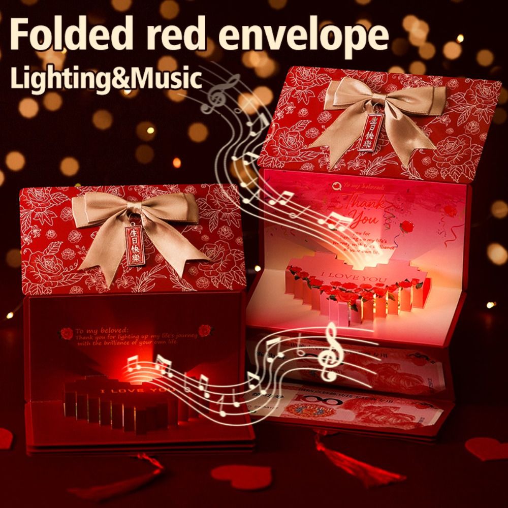 Creative 3D Birthday Red Envelope Greeting Card Foldable Multiple Card Slots 3D Romantic Heart Music Red Envelope Red Envelope Greeting Card Surprise Gifts