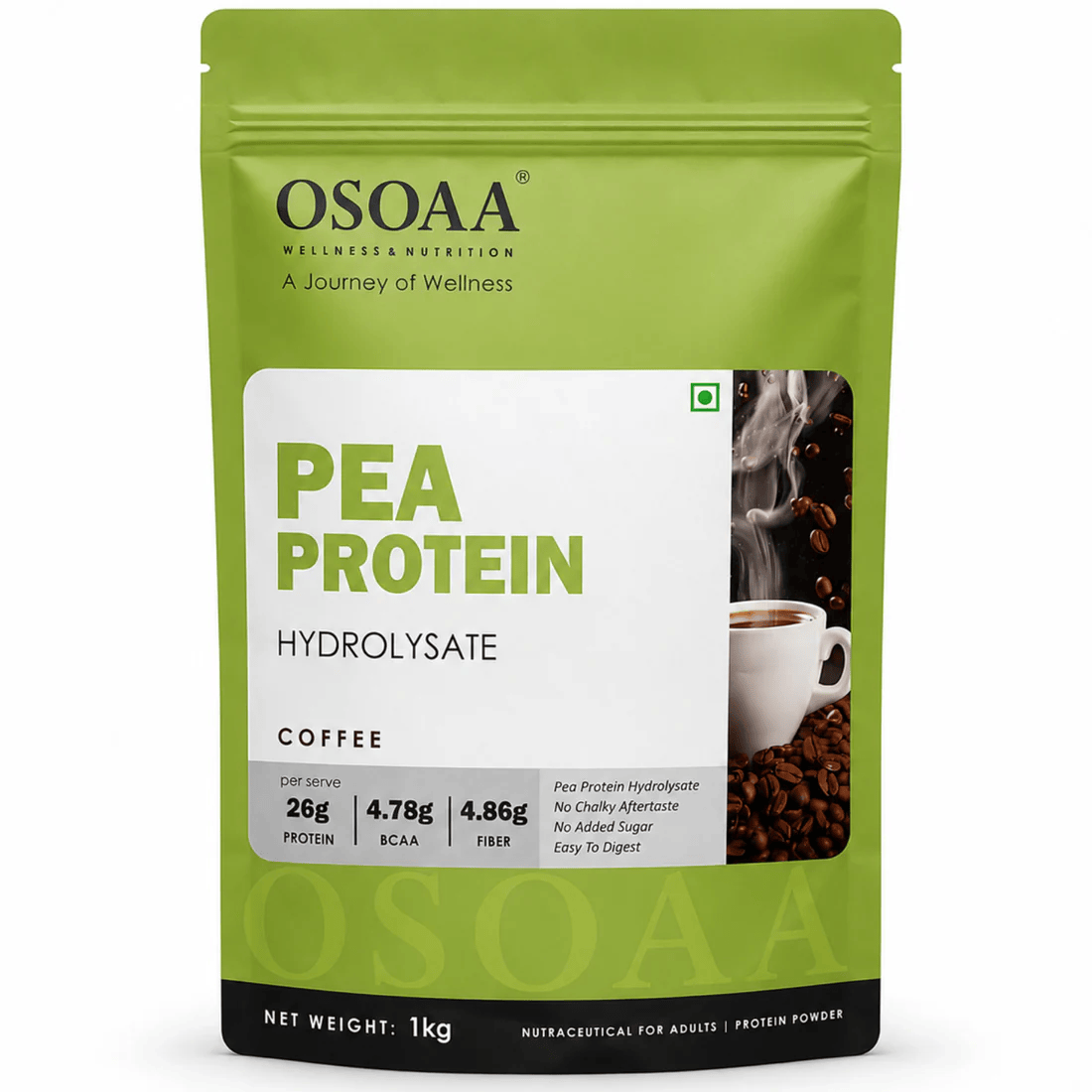OSOAA Pea Protein Hydrolysate Coffee | 26g Protein, 4.78g BCAA, 4.86g Fiber per Serve | No Chalky Aftertaste, Easy to Digest, No Added Sugar | 1kg (27 Servings)