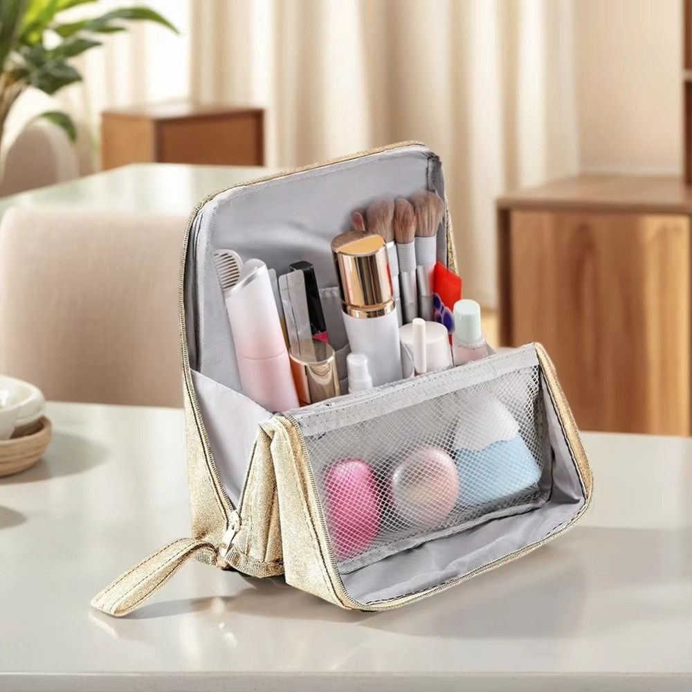 Creative Large Capacity Vertical Makeup Bag Multi-Compartment Portable Skincare Storage Bag Standable Partitioned Student Stationery Bag Outdoor