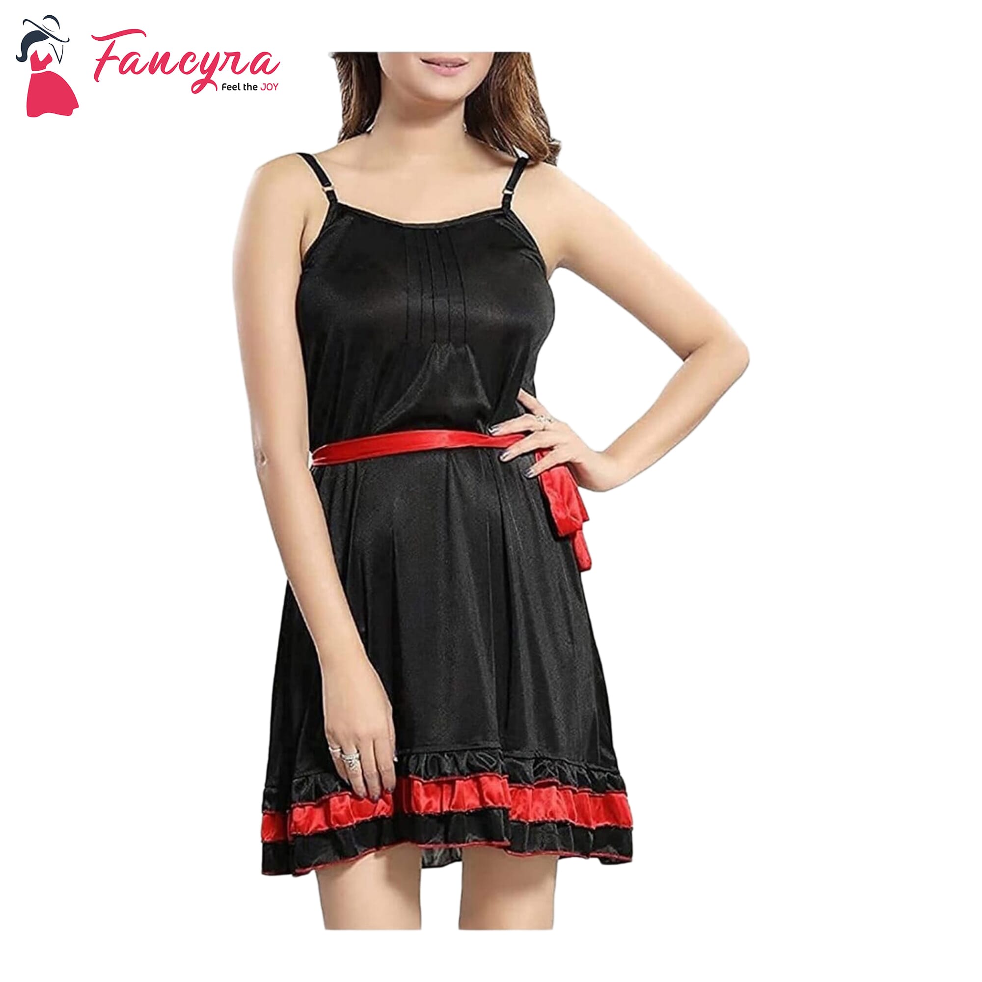 Fancyra Women Satin Floral Above Knee U Neck Babydoll Lingerie Free Size Black Color