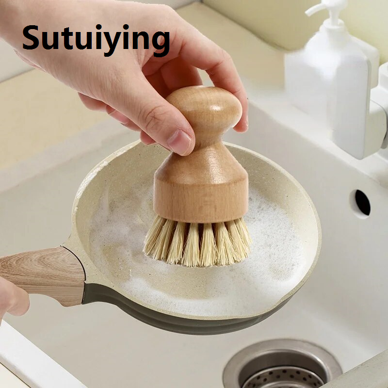 Sutuiying Cleaning Tools 1PC Bamboo Palm Kitchen Pan Pot Cleaning Brush Short Round Wooden Handle Household Vegetables Bowl Dish Washing Tools
