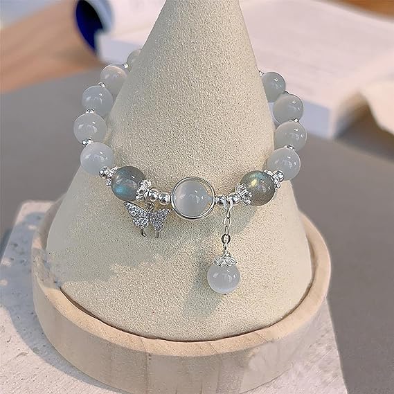 1 Piece Advanced Sweet Exquisite Moonlight Clear-looking Imitation Opal Beaded Elastic Bracelets Women Girls Fashion Bling Bling Butterfly Zircon Pendant Bracelet Jewelry