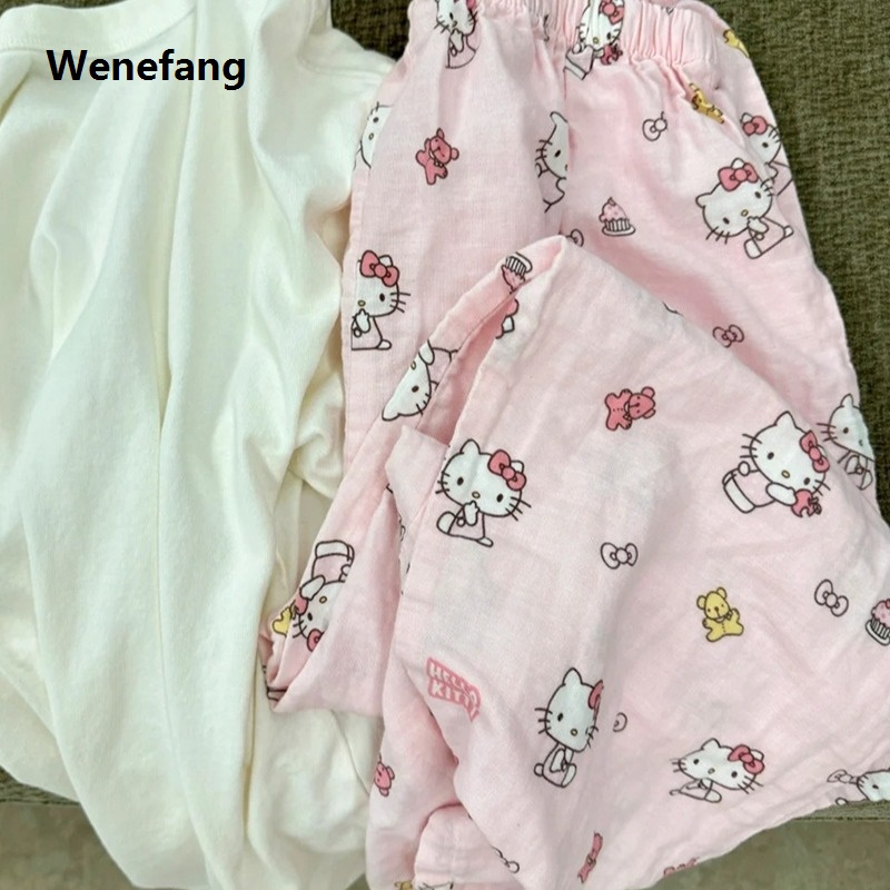Wenefang Sanrio Hello Kitty Pure Cotton Pajama Pants Wide Kawaii Kitty Leg Profesional Pants Girls Summer Thin High Waist Casual Trousers Girl Gifts