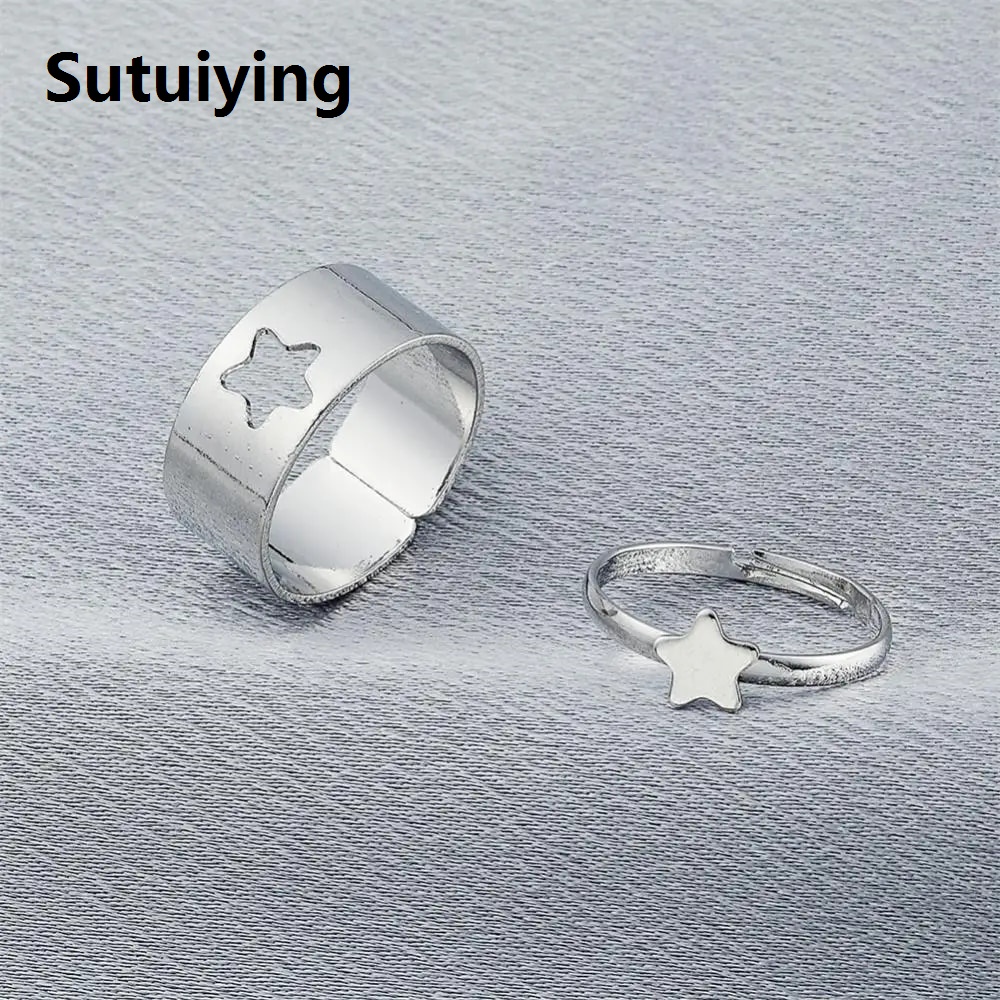 Sutuiying 2PCS Geometric Rings Set Vintage Simple Animal Butterlfly Star Heart Flame Open Women Girls Gothic Jewelry Punk Couple Ring Set