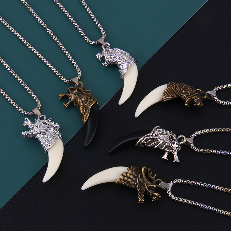 【Special offer】New fashion personality eagle head acrylic tooth pendant sweater chain simulation spike stainless steel necklace men