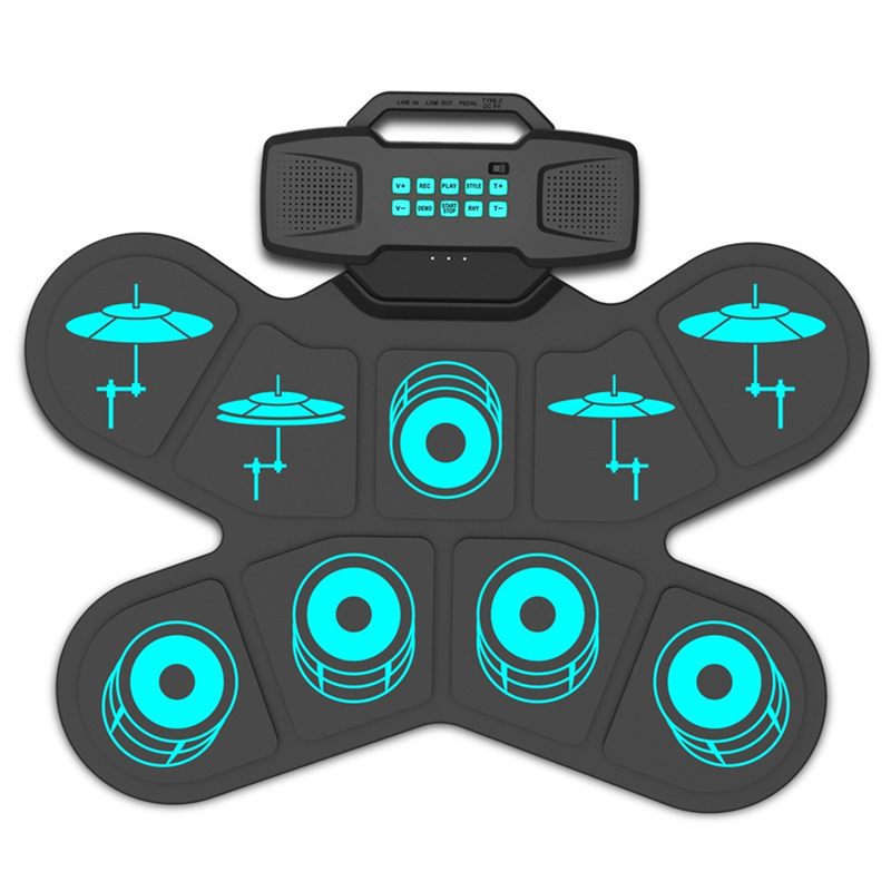 Electronic Drum Set Hand Roll Drum 9 Pads Dual Speaker Rechargeable Practice Pad Drum Kit with Drumsticks Foot Pedal