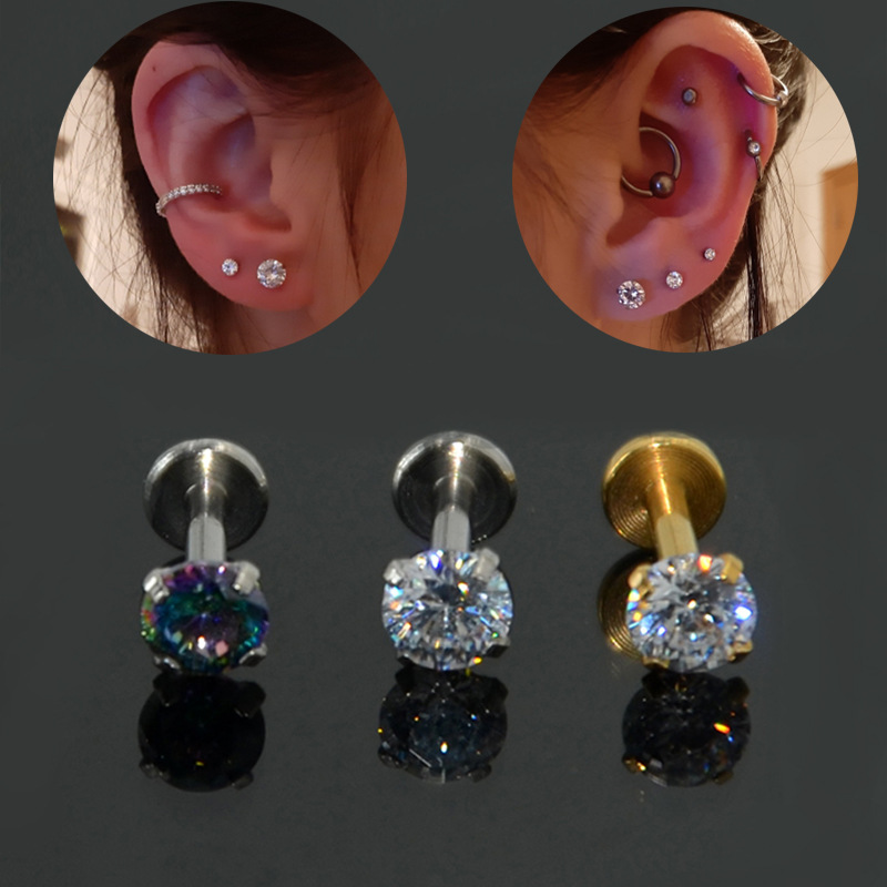 【New arrival】Stainless Steel 16G Round White Zirconium Color Zircon Plated Gold Rose Gold Earrings Lip Stud Puncture Jewelry